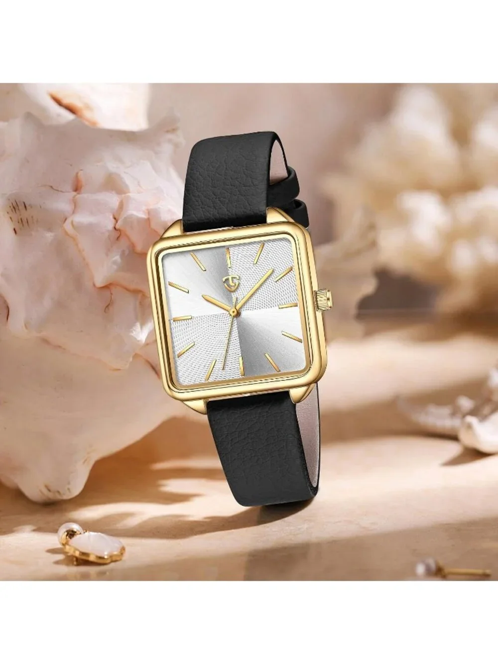 Women's Black White Square Leather Vintage Elegant Waterproof Quartz Wrist Watch